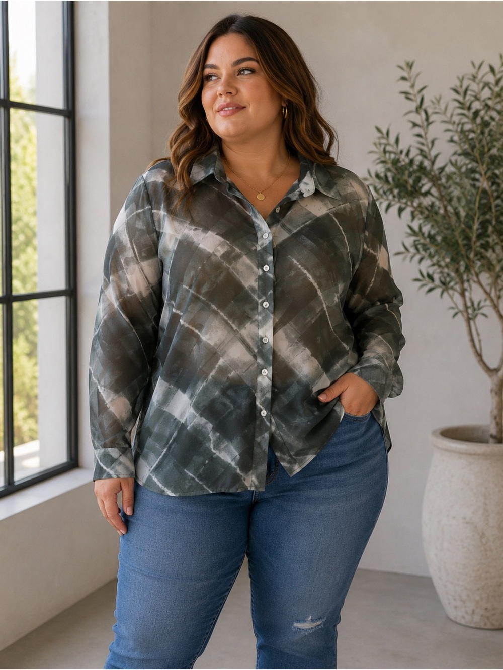 Wynne Layers Green Gray and White Sheer Plaid Shirt Size 1X Flowy Minimalist